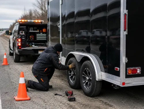 Emergency trailer road service for food trailers and washroom trailers.