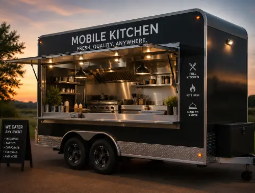 Mobile kitchen trailer by MGM for food service businesses and event catering.
