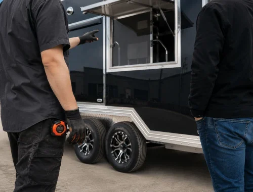 Customer reviewing key details before choosing a custom trailer builder.
