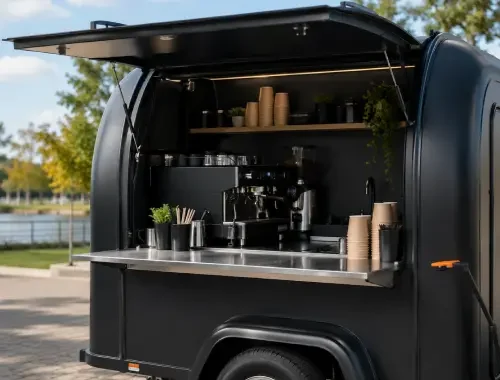 Custom coffee trailer build for mobile cafés, events and beverage businesses.