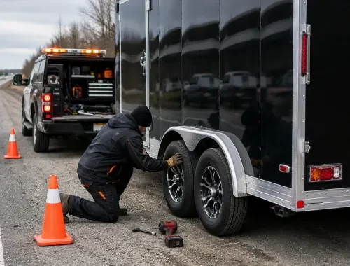 Emergency trailer road service for food trailers and washroom trailers.