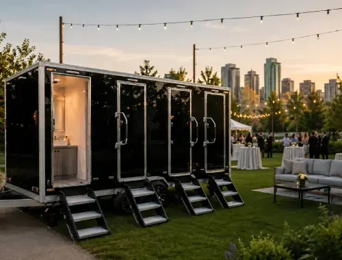 Luxury washroom trailer comfort for outdoor events, weddings and private functions.